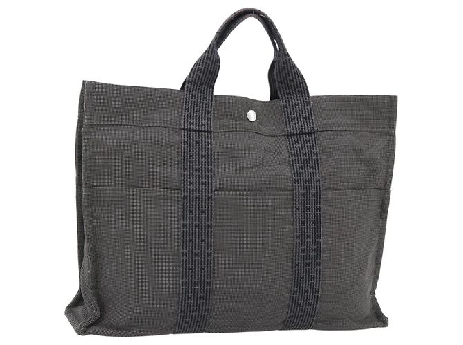 Hermès HERMES Her Line MM Handtasche Canvas Grau Silber Authentisch 181392 Braun
