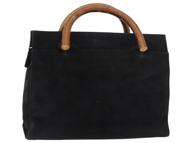Bolsa de mão PRADA com alça de madeira em camurça preta e dourada Auth BA12770 Preto Dourado
