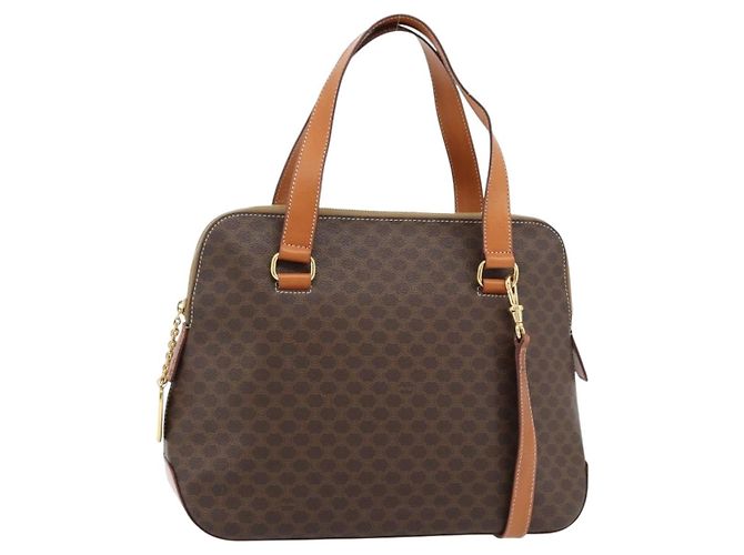 Céline Bolsa CELINE Macadam Canvas PVC Couro 2way Marrom Ouro Auth 180489A Dourado