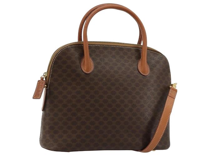 Céline Bolsa CELINE Macadam Canvas PVC Couro 2way Marrom Ouro Auth 180638A Dourado