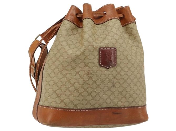 Céline Bolsa de Ombro CELINE em Canvas Macadam PVC Bege Ouro Auth 165262 Dourado
