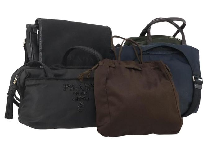 Bolsa de Ombro PRADA Nylon e Couro 5 Set Preto Marinho Marrom Auth bs35225 Azul marinho