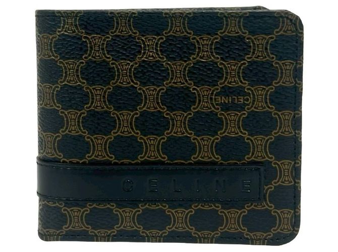 Céline Celine Macadam Blazon Pattern Logo Leather Bi-fold Wallet Brown Black
