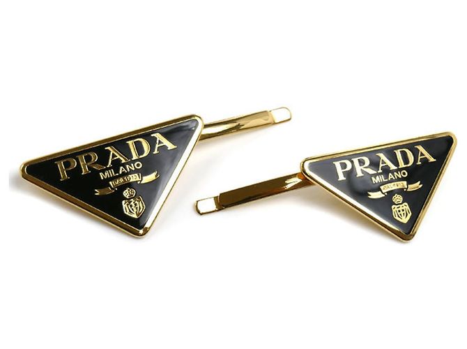 Spille per capelli in ottone con logo Triangle di Prada, set da 2 Nero D'oro