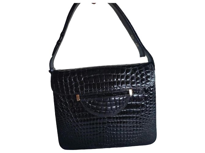 Autre Marque Schwarze Lederhandtasche mit Krokodilprägung