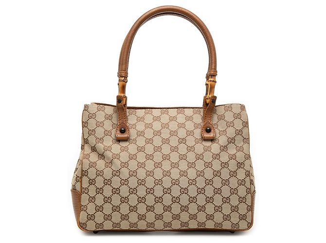 Gucci Beige GG Canvas Bamboo Tote