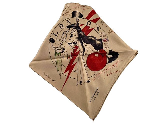 Burberry London England Cartoon Dog Silk Scarf Black Red Multiple colors Beige