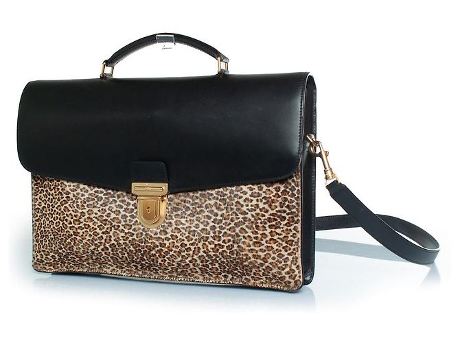 Céline Celine, maletín de cuero con estampado de leopardo en negro y marrón