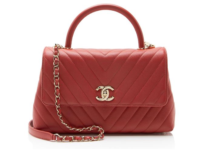 Gabrielle Chanel Chevron Caviar Leather Coco Top Handle Small Flap Bag Red