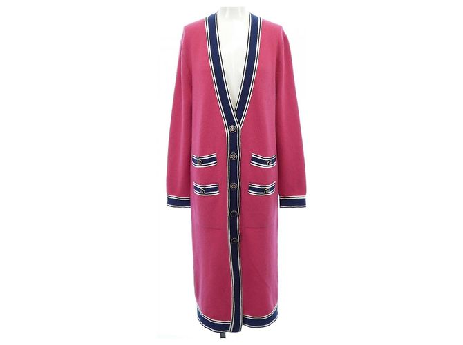 Chanel Cashmere-Strickjacke lang Pink Weiß Marineblau