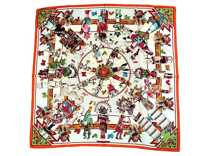 Hermès Lenço Kachina Kermit Oliver 90cm Seda Marrom Rosa Branco Vermelho Verde Laranja Azul claro Gold hardware