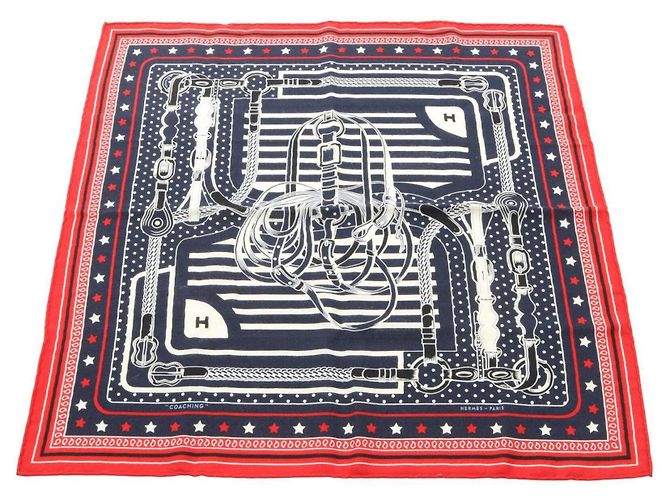 Hermès Hermes Carre 55 Disco Coaching Bandana Lenço Cachecol Vermelho Azul marinho