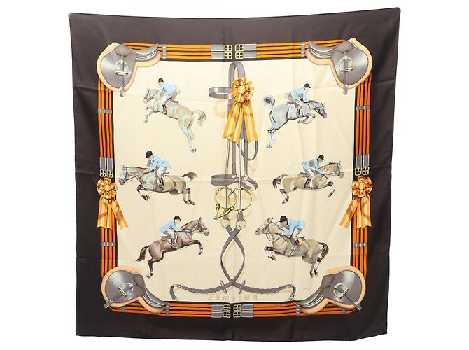 Hermès Hermes Carre 90 JUMPING Lenço Cachecol Marrom Multicor Bege