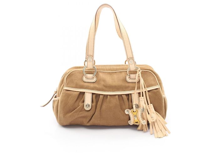 Céline Sac à main Celine Macadam avec pompon Beige Kaki