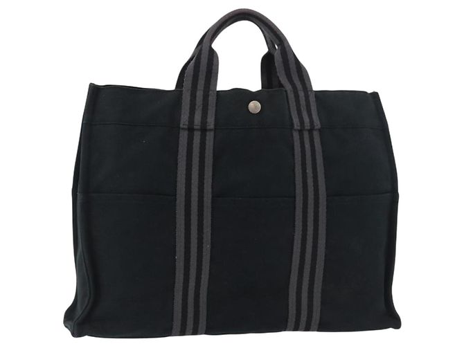 Hermès HERMES Fourre Tout MM Tote Bag cotone Nero Argento Auth BA12637