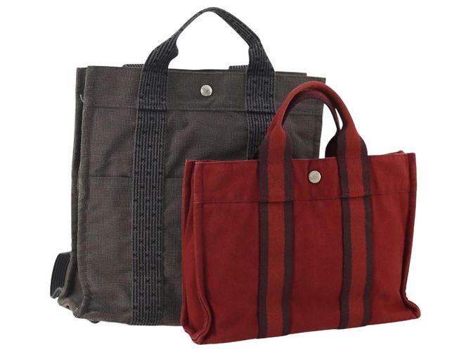 Hermès Borsa HERMES Canvas 2 Set Rosso Grigio Auth BA12669 Marrone