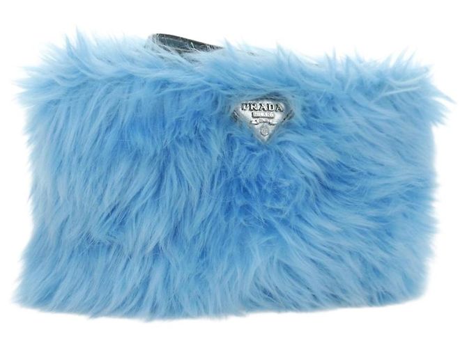 PRADA Clutch Bag Fur Silver Light Blue Auth 179733SM Silvery