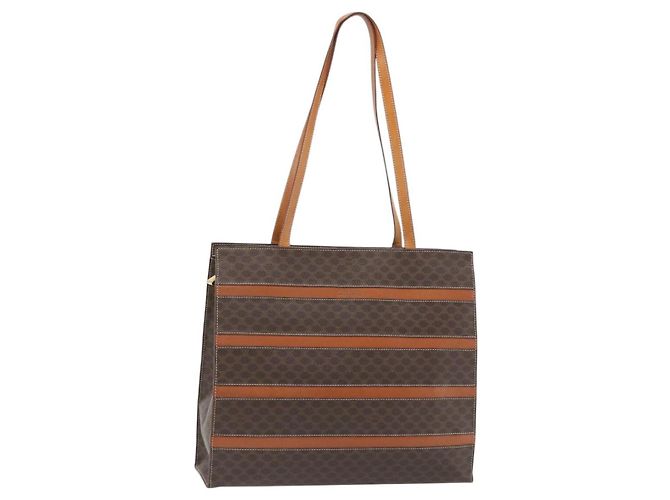 Céline Bolsa Tote CELINE Macadam Canvas PVC Couro Marrom Ouro Auth 180849 Dourado