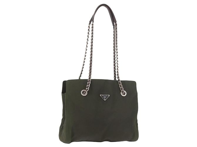 PRADA Chain Tote Bag Nylon Khaki Silver Auth 180596 Silber