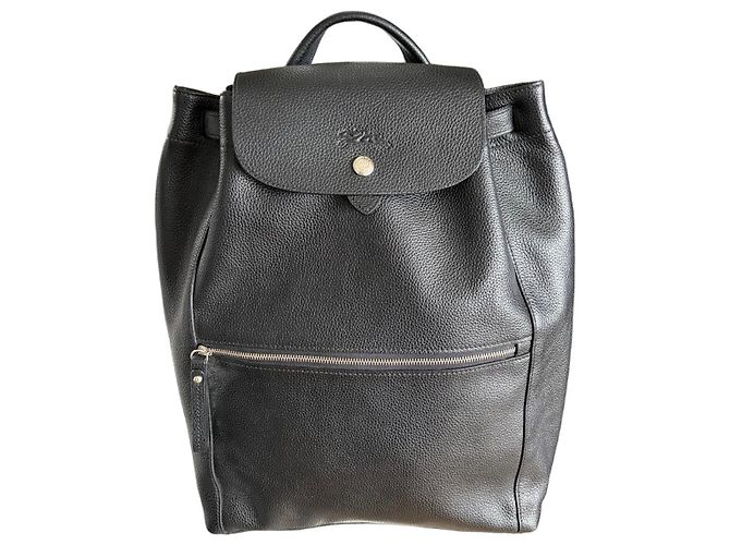 Longchamp Black Grained Leather Backpack