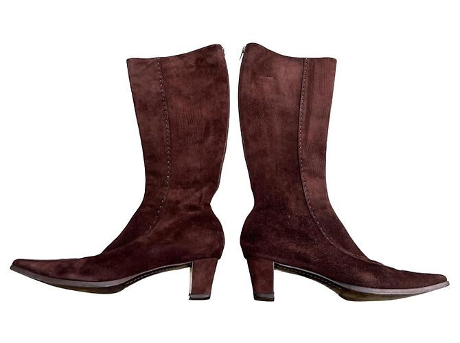 Prada Brown Suede Knee-High Block Heel Boots