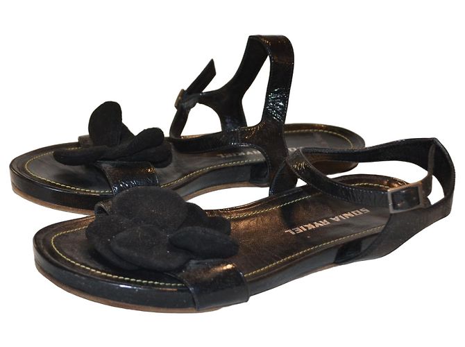 Sonia Rykiel Schwarze Wildleder Flachsandalen mit Blume