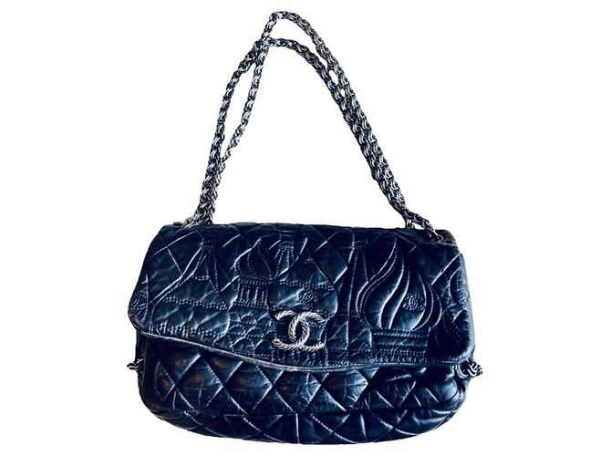 Chanel Paris-Moscou bolsa de aba em couro preto acolchoado