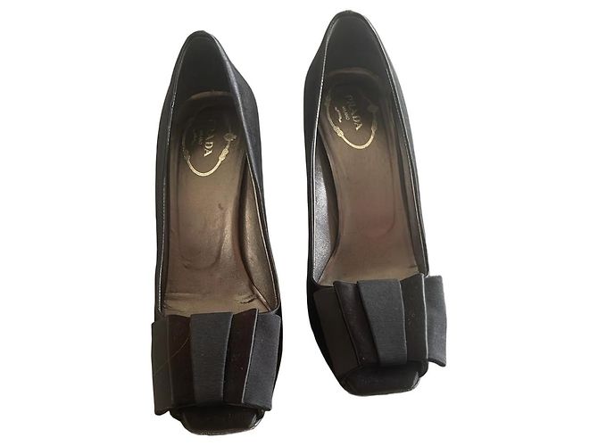 Prada Black Satin Bow Open-Toe Pumps