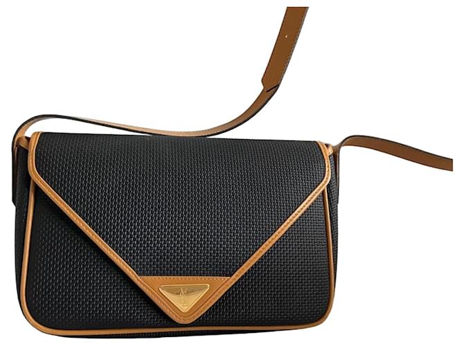 Yves Saint Laurent Vintage Black Leather Shoulder Bag with YSL Logo Brown 