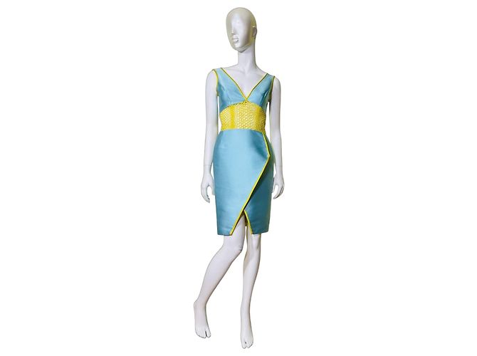 Autre Marque Angel Sanchez Blaues Seidenkleid mit gelber Taille