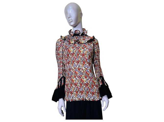 Top plissé floreale Tory Burch con scollo a volant e polsini in velluto Nero Multicolore