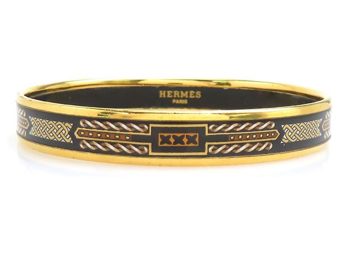 Hermès Bracelet jonc en émail Hermes Noir Blanc Doré
