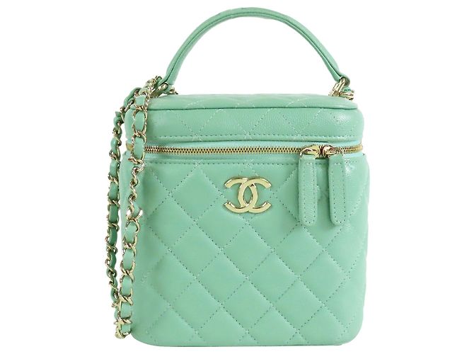 Maleta Vanity Chanel Green Small CC Caviar com Alça e Corrente Verde Verde claro