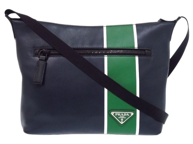 Prada Leather Triangle Logo Shoulder Bag Green Navy blue