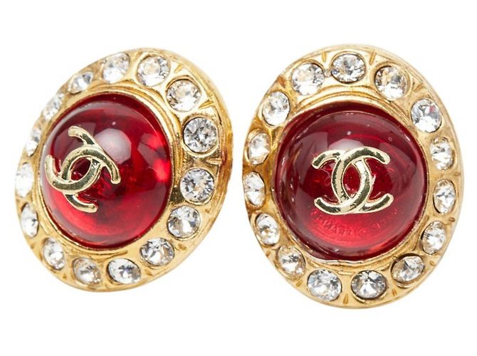 Chanel Coco Mark Gripoir Strass Clip-Ohrringe Rot Golden