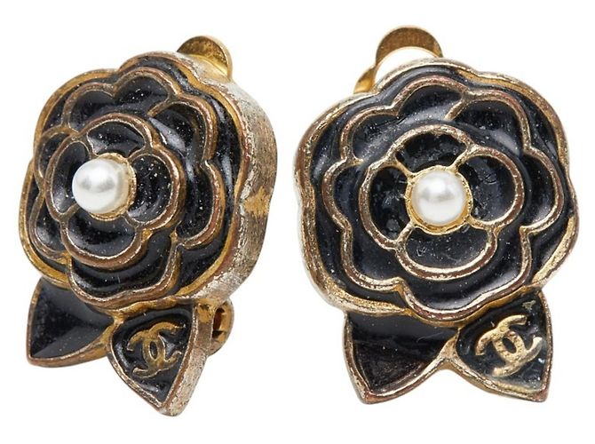 Orecchini Chanel Camellia Coco Mark Nero D'oro 