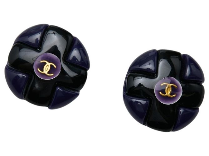 Timeless Orecchini a clip Chanel Vintage Coco Mark Nero D'oro Blu navy