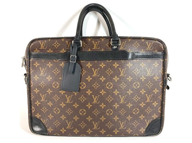 Maletín Louis Vuitton Monogram Macassar Port Document Voyage GM Castaño Negro