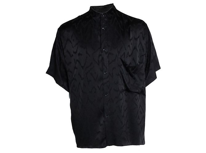 Saint Laurent, Camicia in raso a maniche corte con motivo zig zag Nero