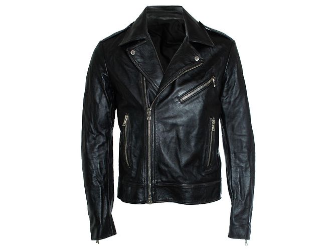 Balmain, Black leather biker jacket with zippers and logo