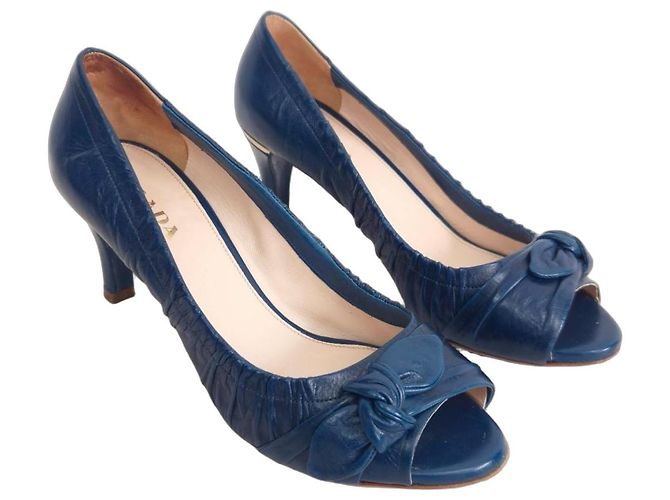 Prada Petrol Blue Open-Toe Leather Bow Pumps
