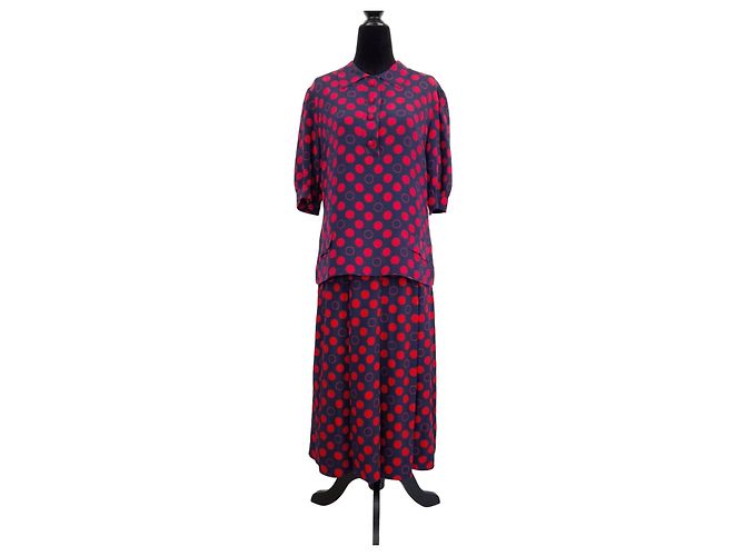 Pierre Balmain Set Vintage Gonna e Camicetta in Seta a Pois Rossi Rosso Blu scuro