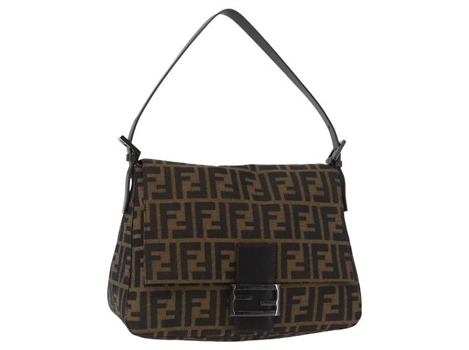 FENDI Zucca Canvas Mamma Baguette Shoulder Bag Black Brown Auth yk20443SAM