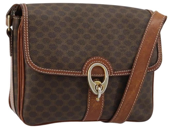 Céline Bolsa de Ombro CELINE Macadam Canvas PVC Couro Marrom Ouro Auth BA13077 Dourado