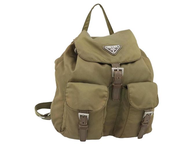 PRADA Backpack Nylon Khaki Silver Auth 171259 Silvery