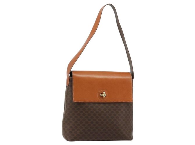 Céline Bolsa de Ombro CELINE Macadam Canvas PVC Couro Marrom Ouro Auth 182190A Dourado