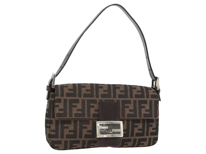 FENDI Zucca Canvas Mamma Baguette Shoulder Bag Black Brown Auth 178872SAM Marron Noir