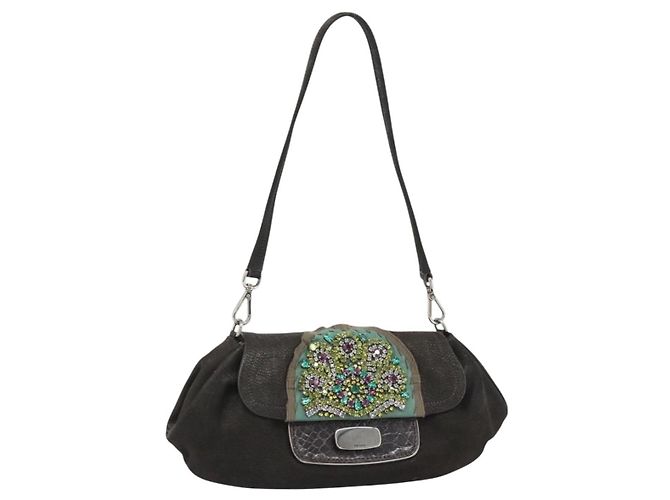 Bolsa de Ombro PRADA em Couro Marrom Escuro Prata Auth 181835M Castanho escuro
