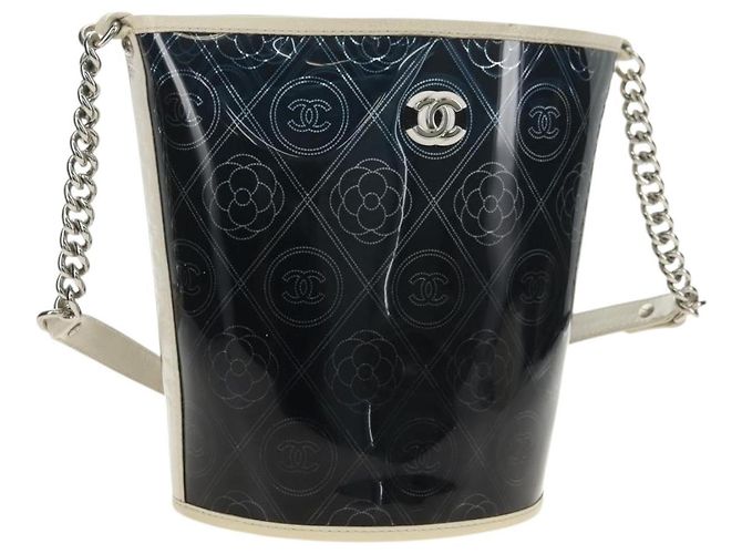 CHANEL Camelia Chain Shoulder Bag Vinyl Blue Silver CC Auth 171291SAM Prata Azul