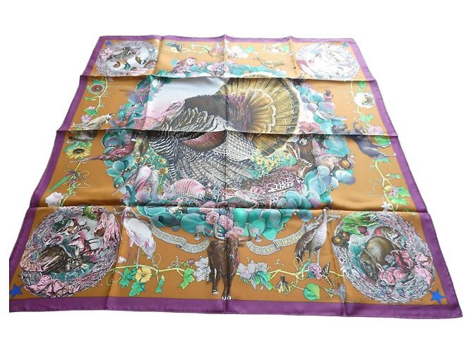 Hermès Lenço de seda "Faune et Flore du Texas" Marrom Rosa Branco Multicor Verde